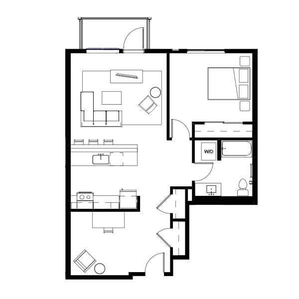 1 bedroom and 1 bathroom floor plan schematic for Nightingale Apartments in Redmond, WA.