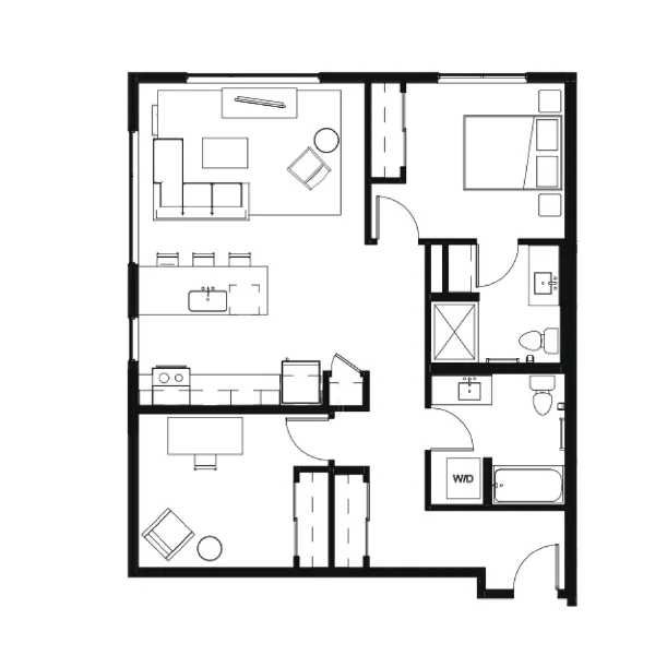 1 bedroom and 1 bathroom floor plan schematic for Nightingale Apartments in Redmond, WA.