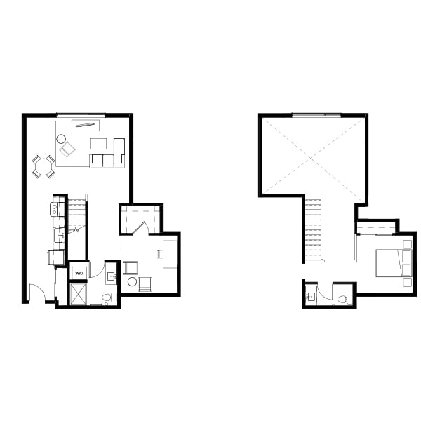 1 bedroom and 1.5 bathroom floor plan schematic for Nightingale Apartments in Redmond, WA.