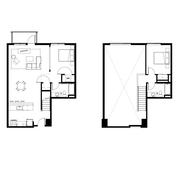 1 bedroom and 2 bathroom floor plan schematic for Nightingale Apartments in Redmond, WA.