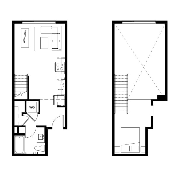 Studio loft floor plan schematic for Nightingale Apartments