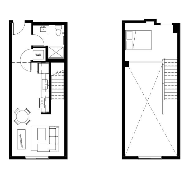 Studio loft floor plan schematic for Nightingale Apartments