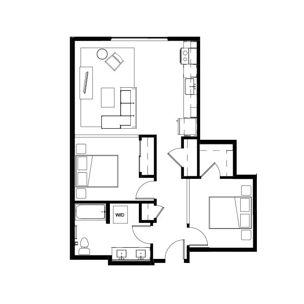 2 bedroom and 1 bathroom floor plan schematic for Nightingale Apartments in Redmond, WA.