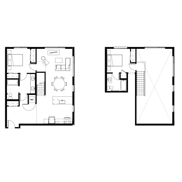 2 bedroom and 2 bathroom floor plan schematic for Nightingale Apartments in Redmond, WA.