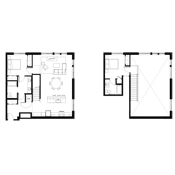 2 bedroom and 2 bathroom floor plan schematic for Nightingale Apartments in Redmond, WA.