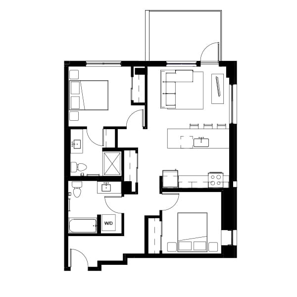 2 bedroom and 2 bathroom floor plan schematic for Nightingale Apartments in Redmond, WA.
