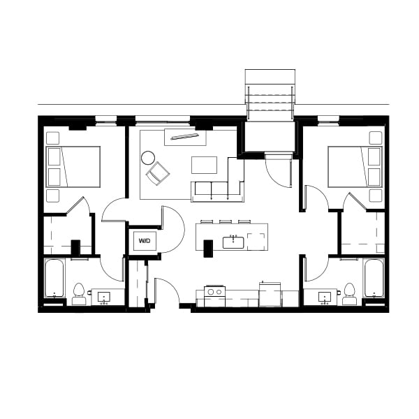 2 bedroom and 2 bathroom floor plan schematic for Nightingale Apartments in Redmond, WA.
