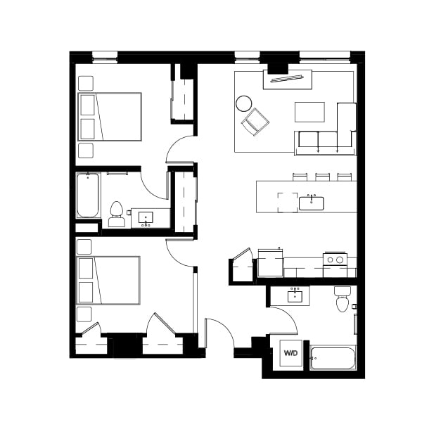 2 bedroom and 2 bathroom floor plan schematic for Nightingale Apartments in Redmond, WA.
