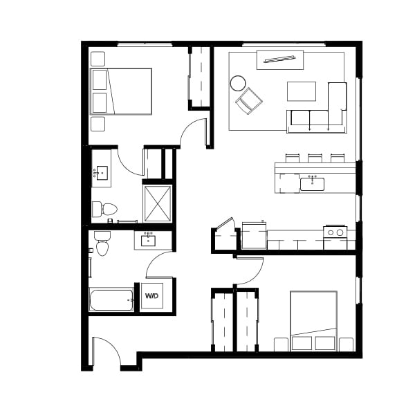 2 bedroom and 2 bathroom floor plan schematic for Nightingale Apartments in Redmond, WA.