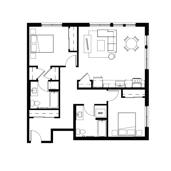 2 bedroom and 2 bathroom floor plan schematic for Nightingale Apartments in Redmond, WA.