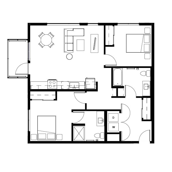 2 bedroom and 2 bathroom floor plan schematic for Nightingale Apartments in Redmond, WA.