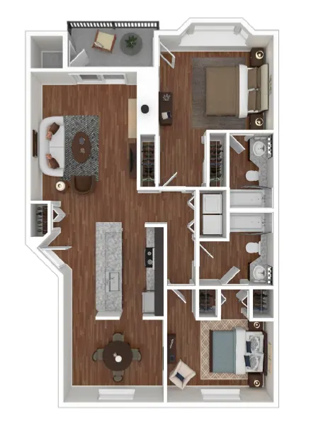 2 bedroom and 2 bathroom 3D floor plan schematic for Overlook At Lakemont Apartments in Bellevue, WA.