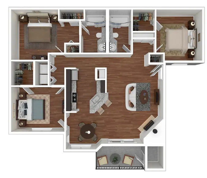 3 bedroom and 2 bathroom 3D floor plan schematic for Overlook At Lakemont Apartments in Bellevue, WA.