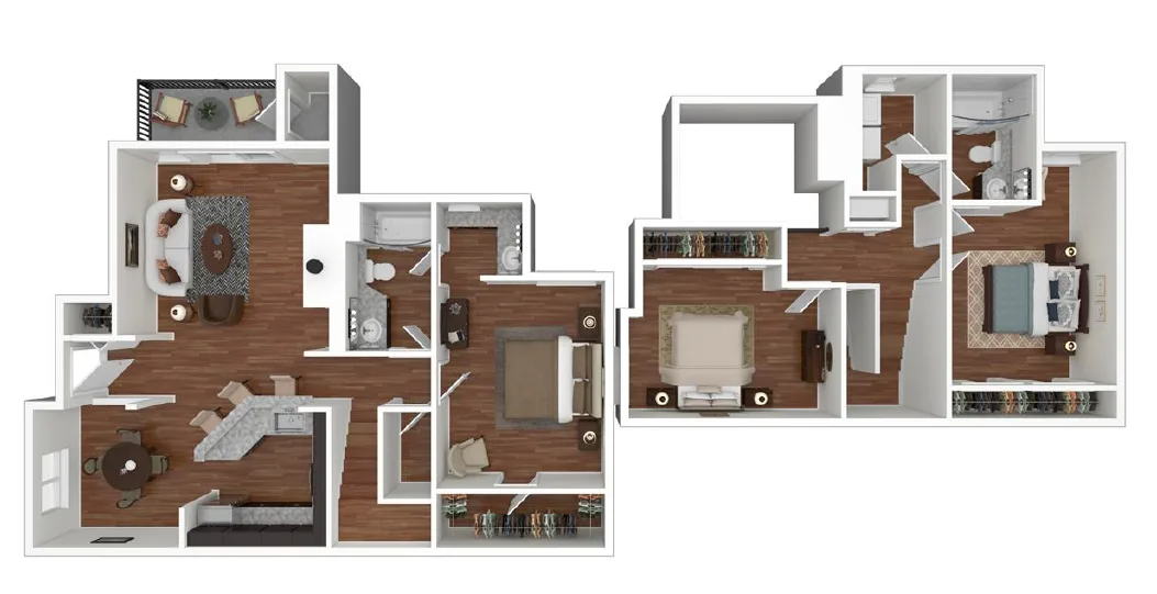 3 bedroom and 2 bathroom 3D floor plan schematic for Overlook At Lakemont Apartments in Bellevue, WA.