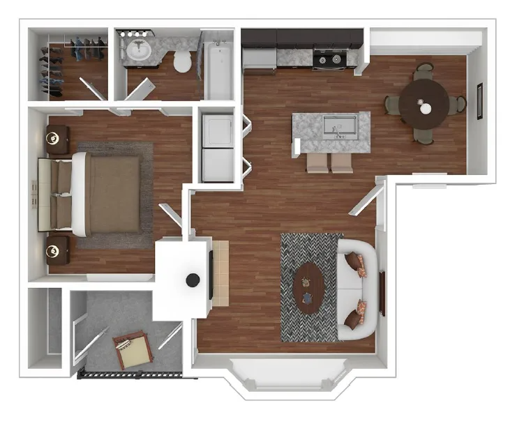 1 bedroom and 1 bathroom 3D floor plan schematic for Overlook At Lakemont Apartments in Bellevue, WA.