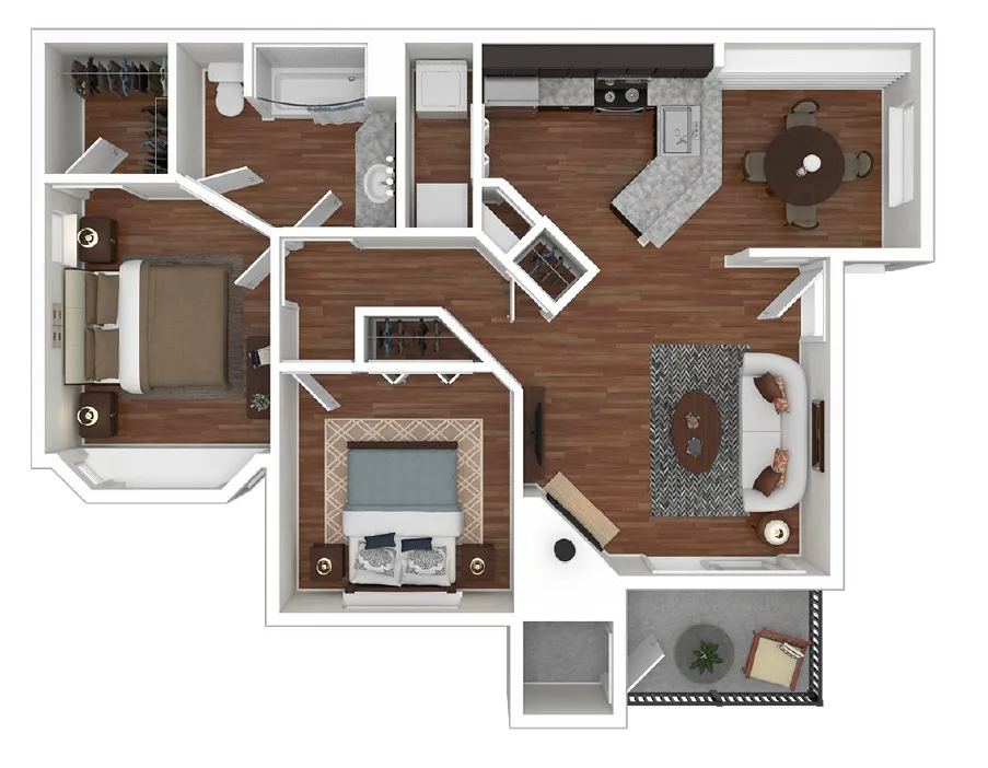 2 bedroom and 1 bathroom 3D floor plan schematic for Overlook At Lakemont Apartments in Bellevue, WA.
