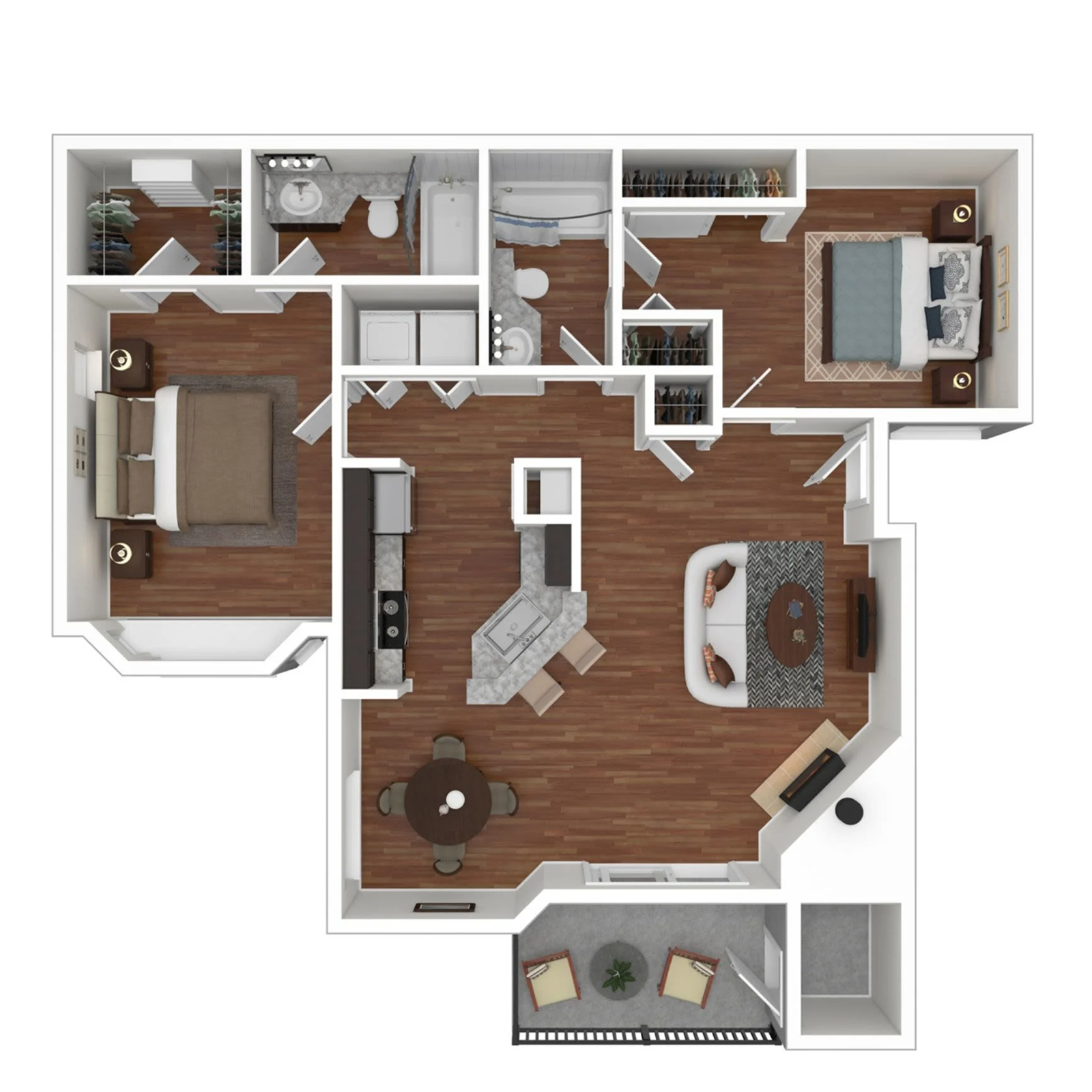 2 bedroom and 2 bathroom 3D floor plan schematic for Overlook At Lakemont Apartments in Bellevue, WA.
