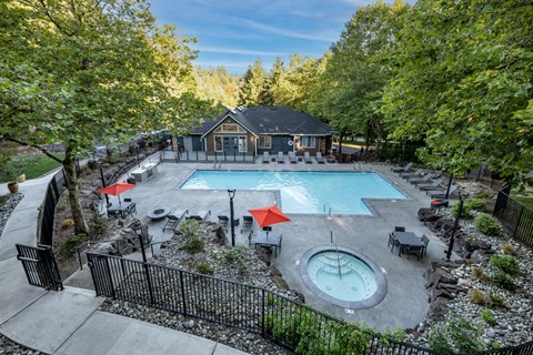 A backyard with a pool and hot tub.