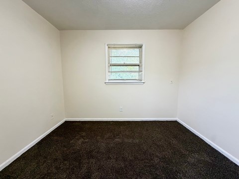 A room with a window and carpeted floor.
