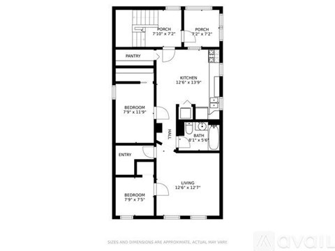 A floor plan of a house with a kitchen, living room, two bedrooms, a bathroom, a pantry, and two porches.
