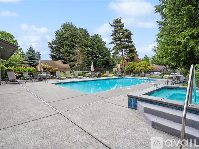 A large outdoor swimming pool surrounded by trees and lounge chairs.