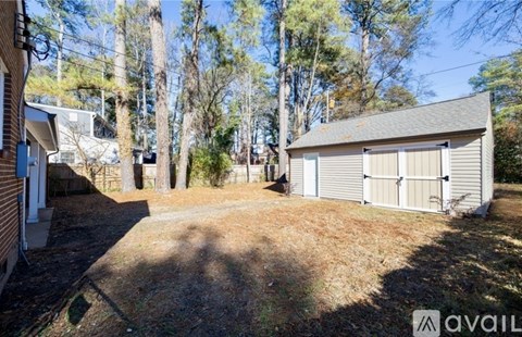 A backyard with a shed and trees.