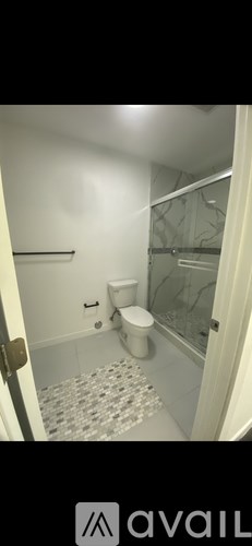 A bathroom with a toilet, a shower, and a glass door.