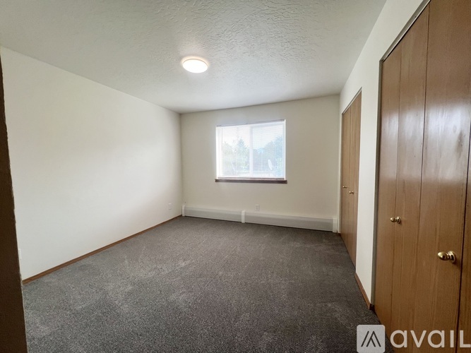 A room with a carpeted floor, a window, and a wooden door.