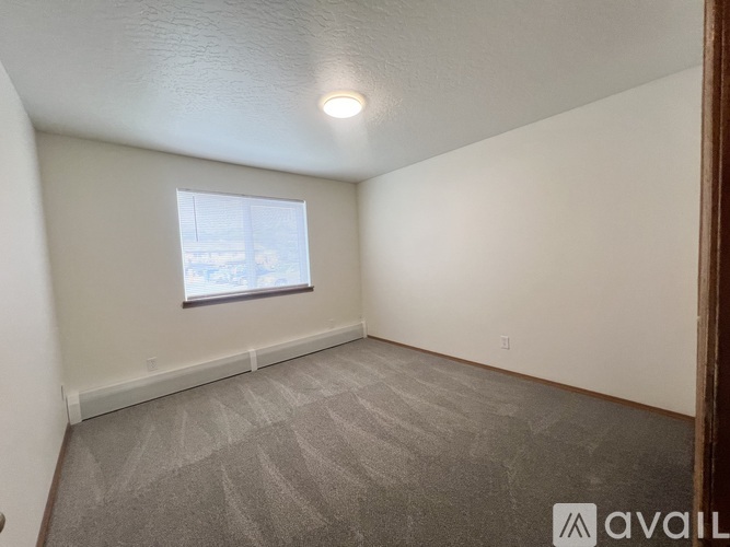A room with a carpeted floor and a window.