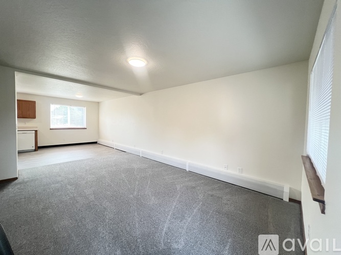 A spacious room with a grey carpet and white walls.