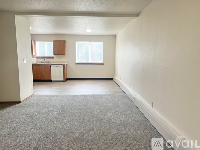 A spacious living room with a kitchen in the background.