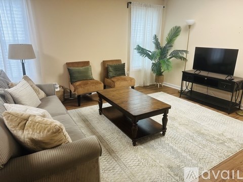 A living room with a grey couch, a wooden coffee table, and a green plant.