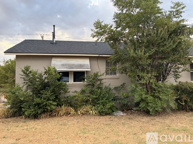 A house with a black roof and a chimney is surrounded by greenery.
