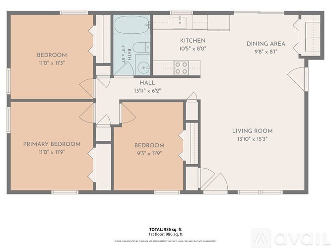 A floor plan of a house with a total area of 986 square feet.