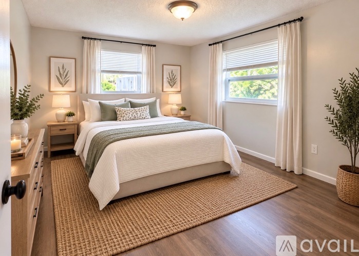 A bedroom with a large bed and two nightstands with lamps.