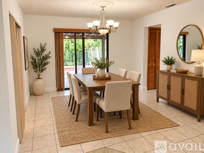 A dining room with a table set for six.