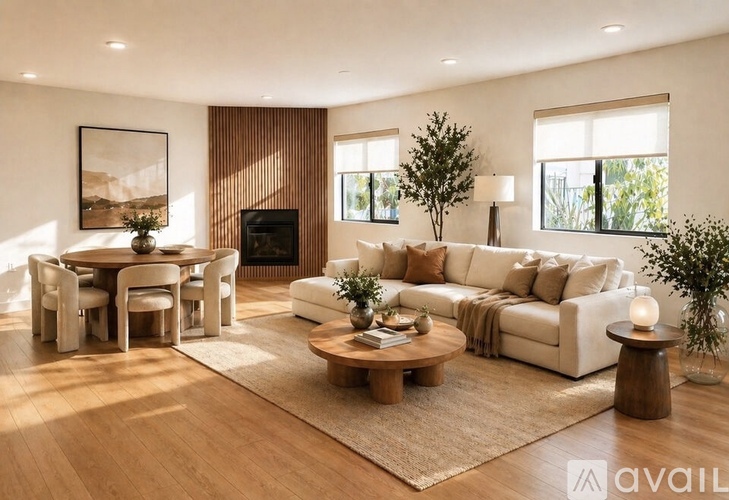A living room with a white couch, a coffee table, and a fireplace.