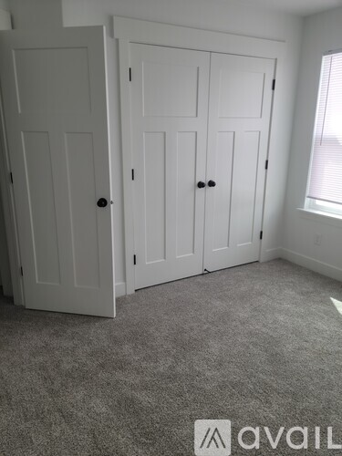 A room with two white doors and a carpeted floor.