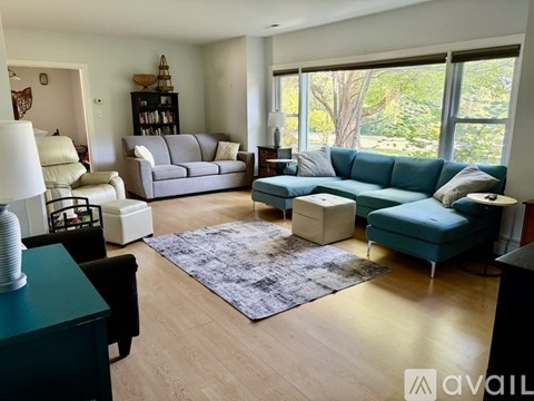 A living room with a grey couch and a blue couch.