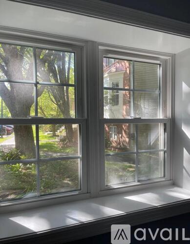 A window with a view of a tree and a house across the way.