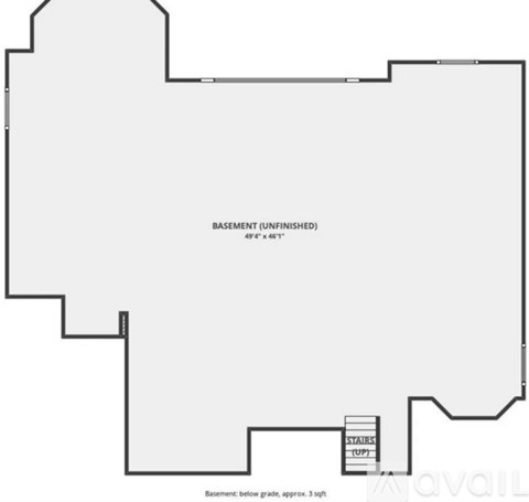 A floor plan shows a basement that is unfinished, with a size of 49 feet by 46 feet, and a staircase cut out.