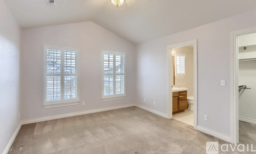 A spacious room with two windows and a carpeted floor.