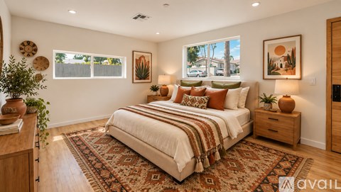 A bedroom with a large bed, a rug, and a wooden dresser.
