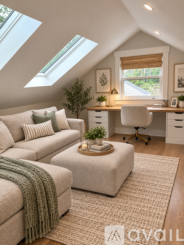 A cozy living room with a couch, a chair, a desk, and a window.