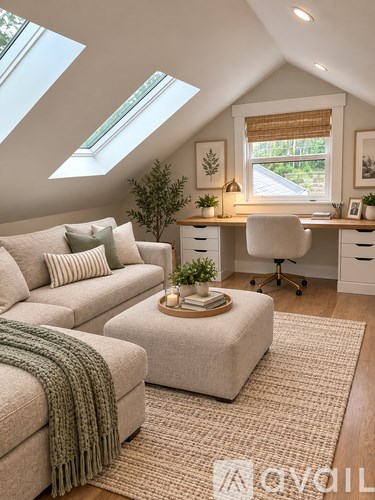 A cozy living room with a couch, a chair, a desk, and a window.