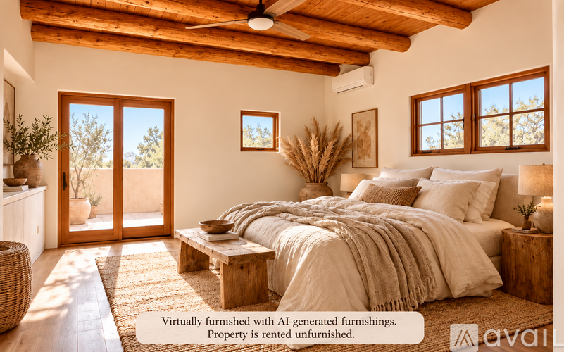 A bedroom with a bed, a bench, and a window.
