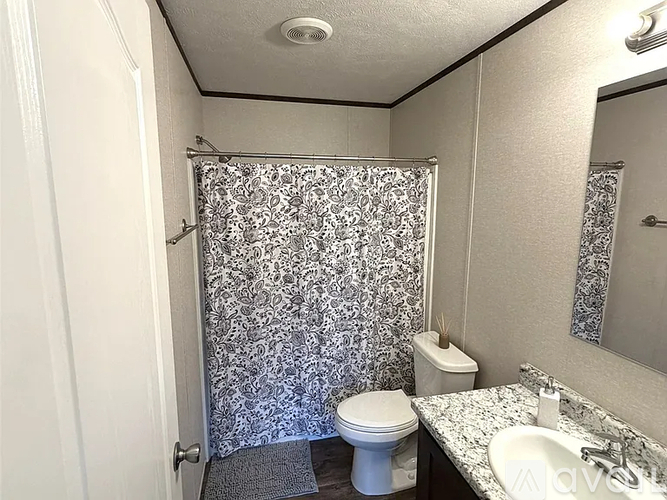 A bathroom with a toilet, sink, and shower curtain.
