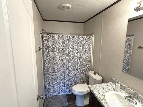 A bathroom with a toilet, sink, and shower curtain.