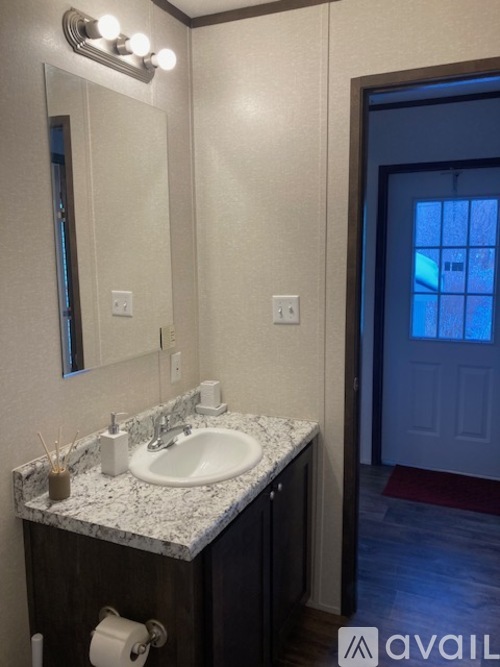 A bathroom with a sink, mirror, and light.