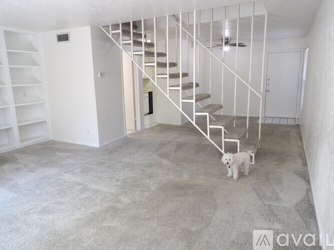 A dog is standing in a room with a staircase.